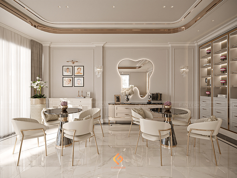 Khu vực chờ Cali Dentist màu trung tính ấm tạo sự thoải mái
