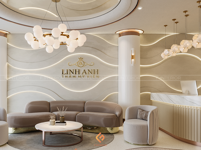 Khu vực tiếp tân chào đón ấn tượng tại Thẩm mỹ viện Linh Anh do F.Interior thiết kế và thi công