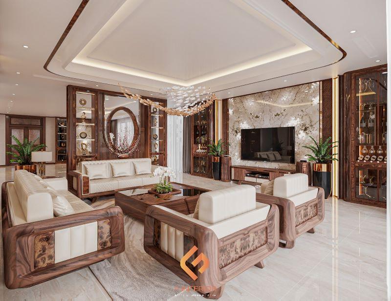 thiết kế nội thất biệt thự gỗ óc chó