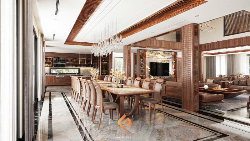 thiết kế nội thất biệt thự gỗ óc chó