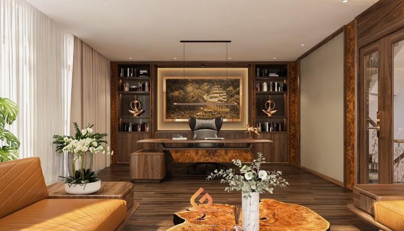 thiết kế nội thất biệt thự gỗ óc chó