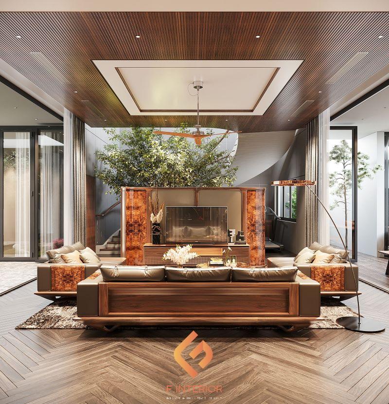 thiết kế nội thất biệt thự gỗ óc chó